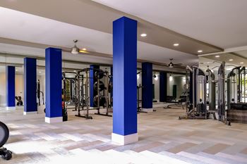 a gym with a lot of exercise equipment and blue pillars